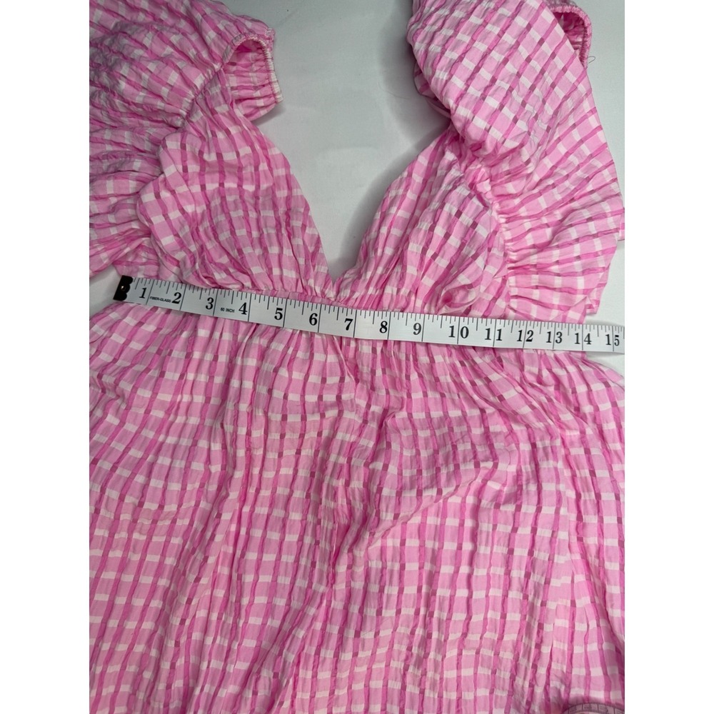 Day + Moon Pink Gingham Seersucker Mini Dress Pockets Open Back Bow L Large - Picture 11 of 12